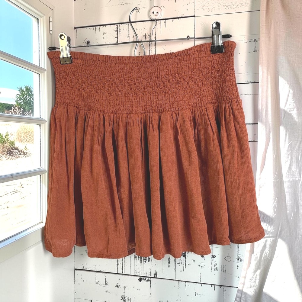 Mini Skirt S Rust Orange Crepe Smocked Waist Flutter Boho Terracotta Earthy